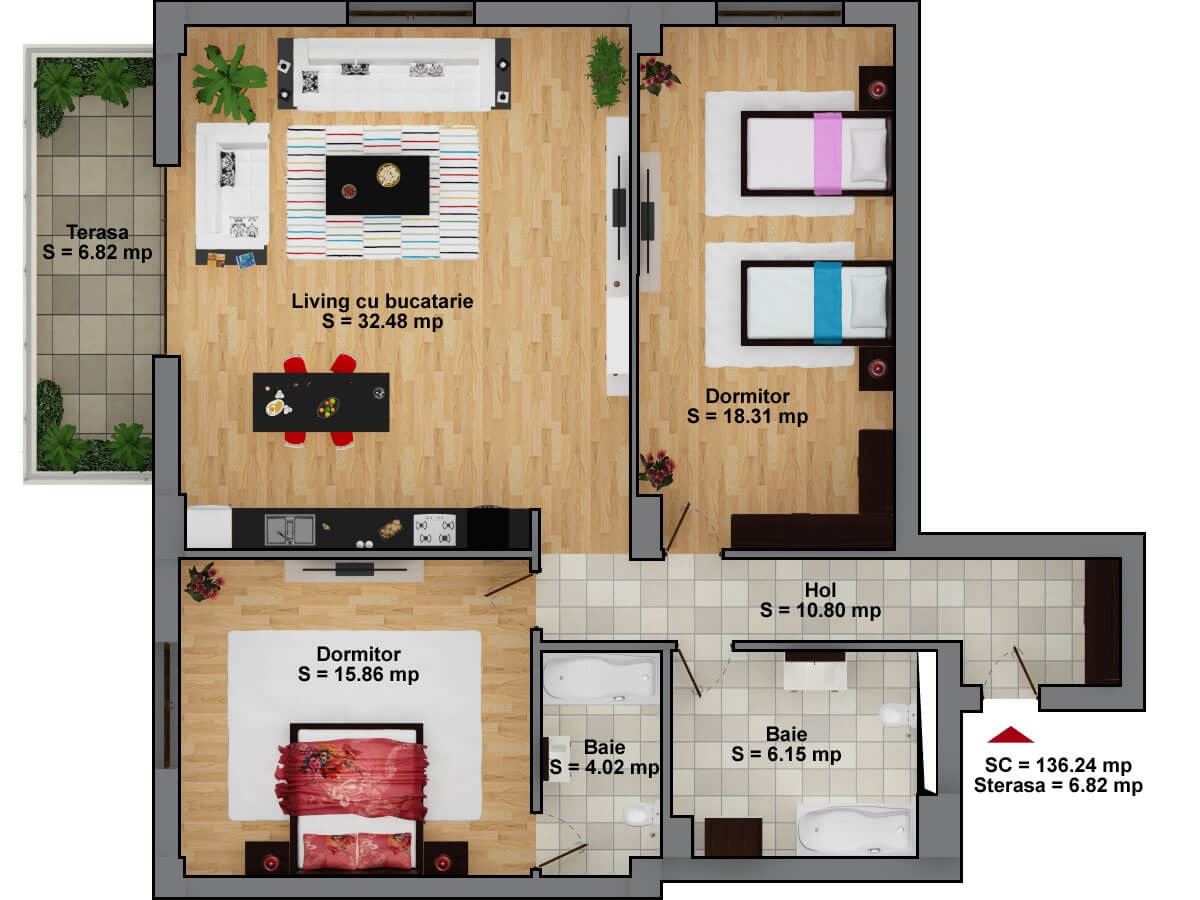 1.2 amenajare apartament 3 camere decomandat 4