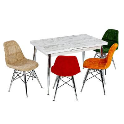 set masa alb si scaune multicolore