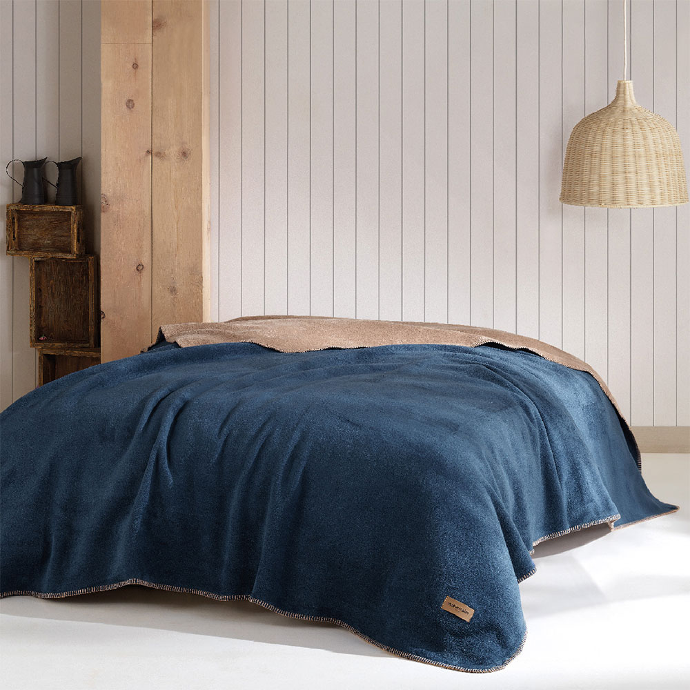 PATURA JOEL CU ASPECT FLEECE 200X220 CM, 500 G, 60% BUMBAC, BEJ/INDIGO